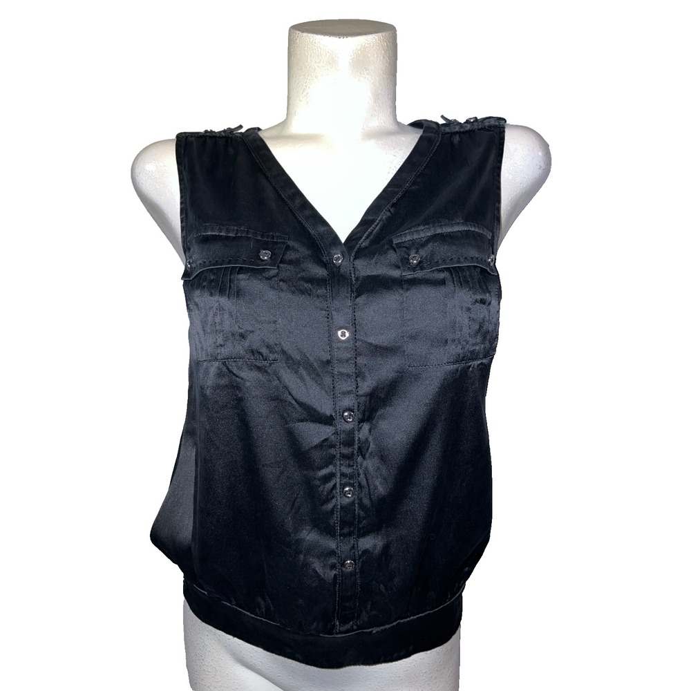White House Black Market Top Silk Stretch Sleeveless Black Size 4 Smocked Hem